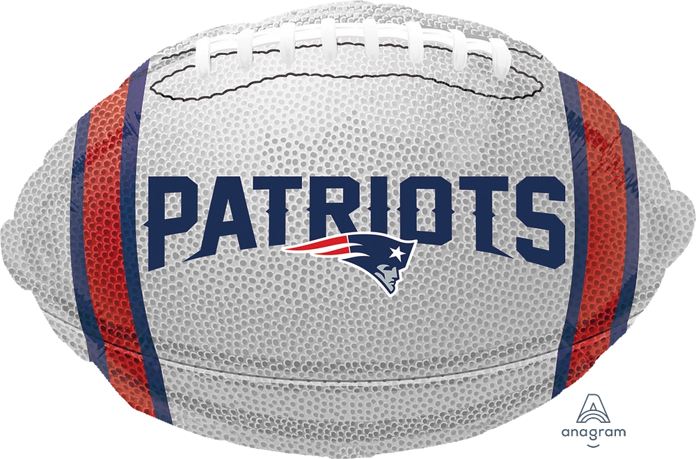Football-shaped balloon with 'Patriots' text and logo. Balloon delivery and pickup in Nesconset or Miller Place, NY.