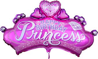A pink "Happy Birthday Princess" balloon with gem designs and a crown shape. Balloon delivery and pickup in Nesconset or Miller Place, NY.