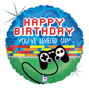 Round balloon with 'Happy Birthday You've Leveled Up!' text and game controller design. Balloon delivery and pickup in Nesconset or Miller Place, NY.