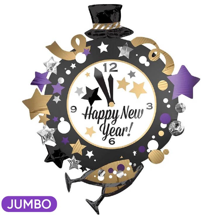 Happy New Year Clock Supershape Mylar Balloon