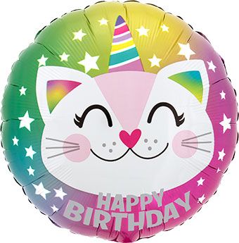 A round multicolored balloon with a design that resembles a cartoon cat and the text 'Happy Birthday'. Balloon delivery and pickup in Nesconset or Miller Place, NY.