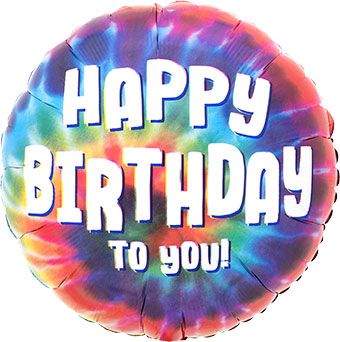 A round multicolored tie-dye balloon with 'Happy Birthday to you!' text in white. Balloon delivery and pickup available in Nesconset or Miller Place, NY.