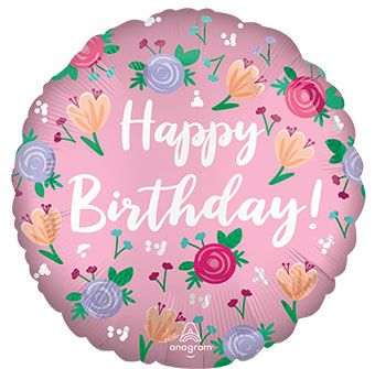 A round pink helium-filled mylar balloon with floral patterns and the text 'Happy Birthday!' in the center. Balloon delivery and pickup available in Nesconset or Miller Place, NY.