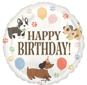 Round birthday balloon with cartoon dogs and 'Happy Birthday!' text and pastel paw prints. Balloon delivery and pickup available in Nesconset or Miller Place, NY.