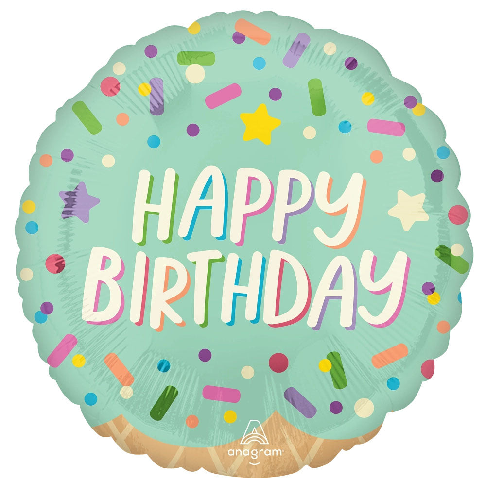 Colorful 'Happy Birthday' balloon with sprinkles. Balloon delivery and pickup available in Nesconset or Miller Place, NY.