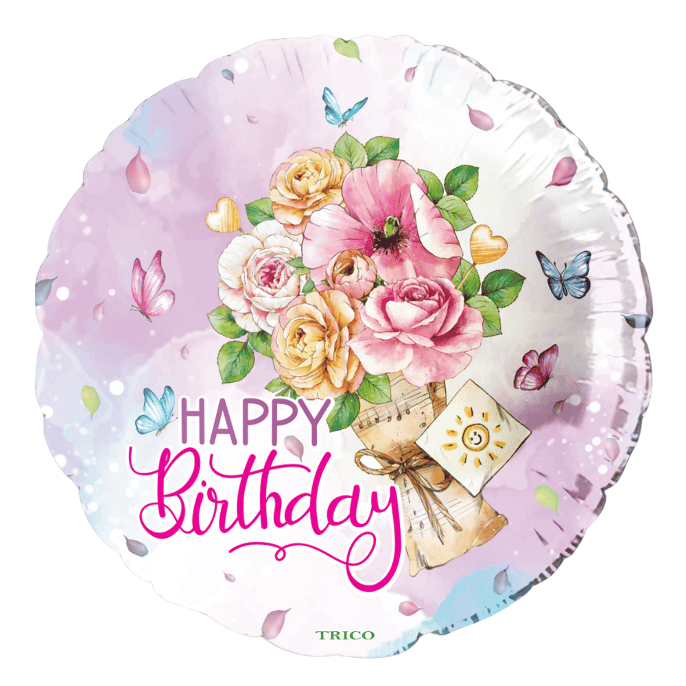Decorative balloon with floral design and 'Happy Birthday' text. Balloon delivery and pickup available in Nesconset or Miller Place, NY.