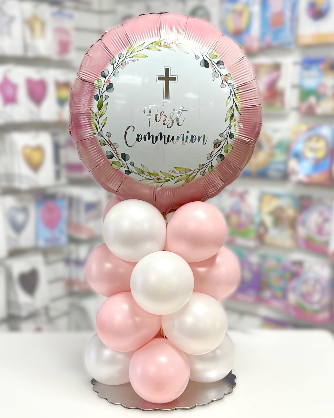 Pink First Communion Balloon Tabletop Centerpiece