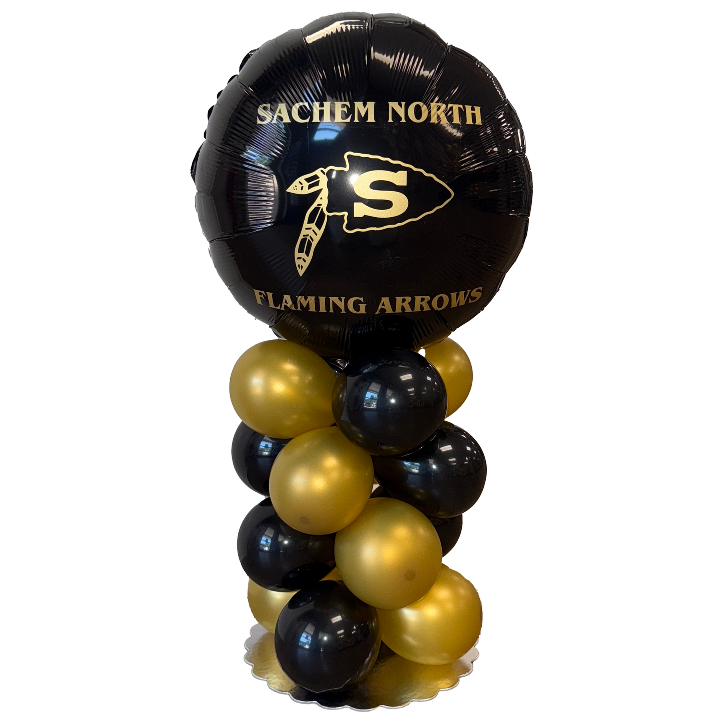 Black and gold balloon column with 'Sachem North Flaming Arrows' text and logo.