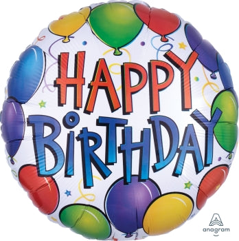 A round balloon with the text 'HAPPY BIRTHDAY' in colorful letters, surrounded by multicolored balloon shapes. Balloon delivery and pickup available in Nesconset or Miller Place, NY.