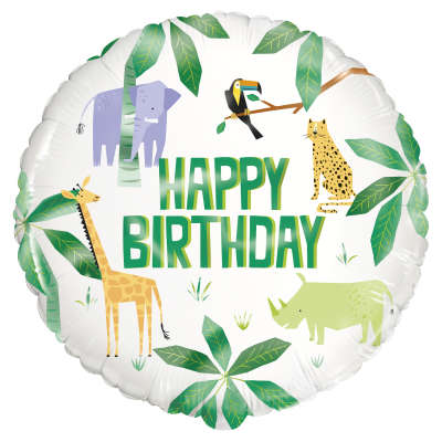 A round foil balloon with a 'Happy Birthday' message, decorated with various animals and green leaves. Balloon delivery and pickup available in Nesconset or Miller Place, NY.