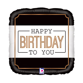 Square balloon with a fancier gold frame and black and white stripes with the text ' Happy Birthday to You'. Balloon delivery and pickup in Nesconset or Miller Place, NY.