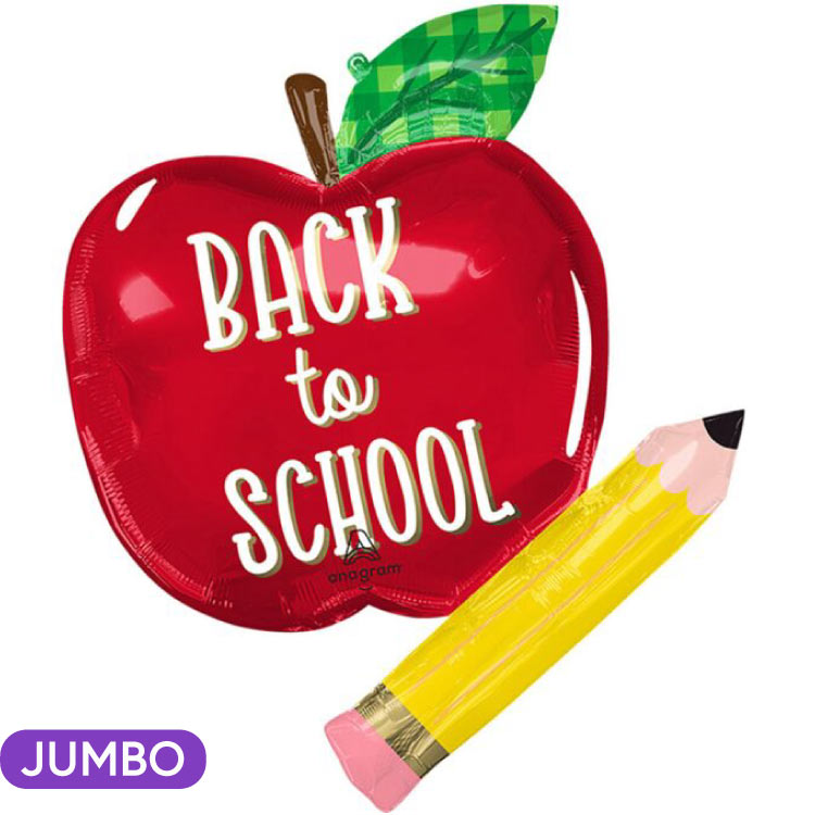Red balloon shaped like an apple with 'Back to School' text and a yellow pencil on a white background, Pick or Delivery in Nesconset or Miller Place, NY!