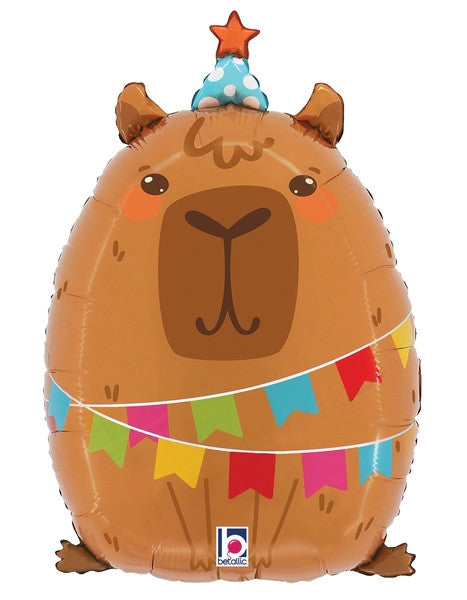 Capybara shaped balloon dressed in a party hat and wrapped in colorful banner.  Balloon delivery or pick up in Nesconset or Miller Place, NY. 