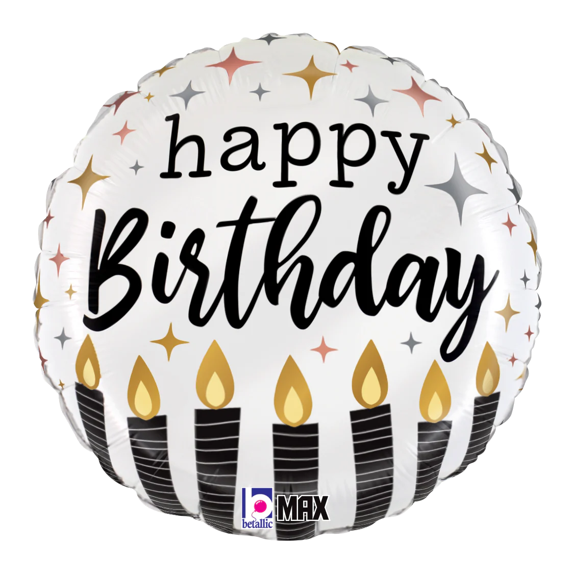 Round balloon with 'happy Birthday' text and candles. Balloon delivery and pickup in Nesconset or Miller Place, NY.