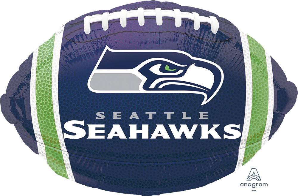 Seattle Seahawks football-shaped balloon with logo and text. Balloon delivery and pickup in Nesconset or Miller Place, NY.