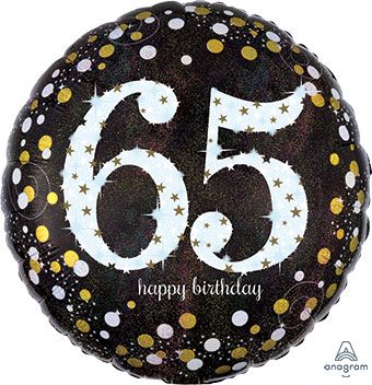 Black balloon with gold and white polka dots and the number 65 for a happy birthday. Balloon delivery and pickup in Nesconset or Miller Place, NY.