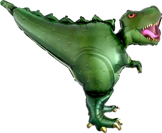 Green dinosaur-shaped balloon on a white background. Balloon delivery or pick up in Nesconset or Miller Place, NY. 