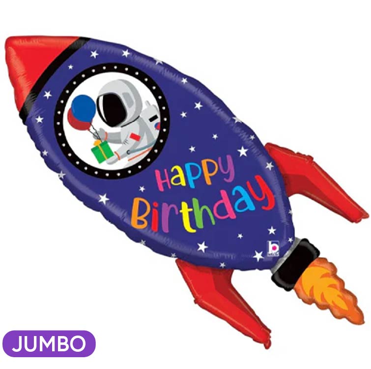 Rocket-shaped birthday balloon with astronaut design and 'Happy Birthday'. Balloon delivery and pickup in Nesconset or Miller Place, NY.