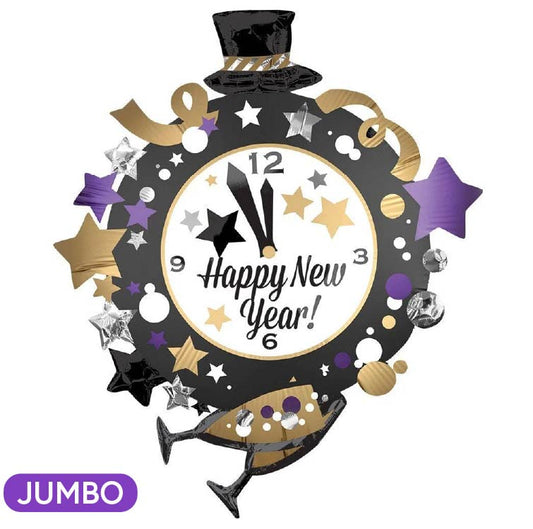 Happy New Year Clock Supershape Mylar Balloon