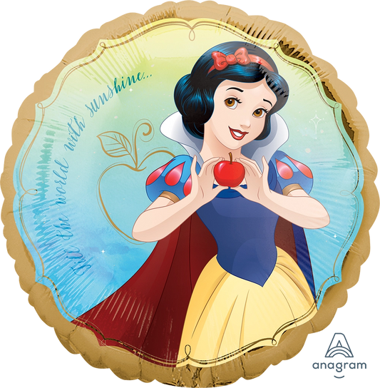 Balloon with Snow White design holding an apple and text that says "Fill the world with sunshine." Balloon delivery and pickup in Nesconset or Miller Place, NY.