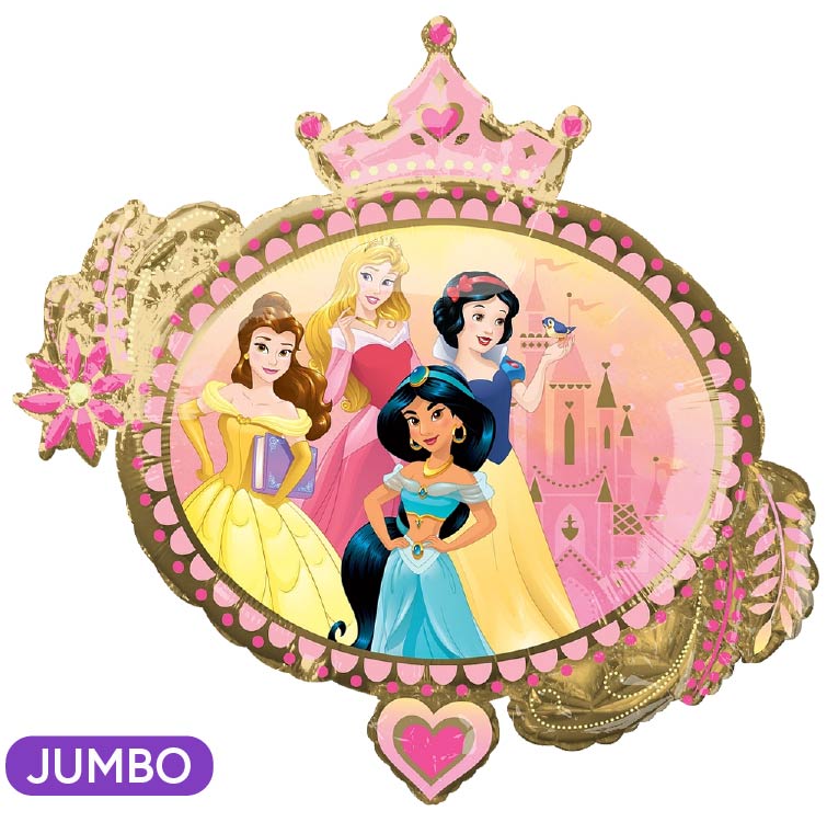 Jumbo balloon with Disney princesses and a castle design on a white background Balloon delivery and pickup in Nesconset or Miller Place, NY.
