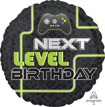 Balloon with 'Next Level Birthday' text and gaming controller design. Balloon delivery and pickup in Nesconset or Miller Place, NY.