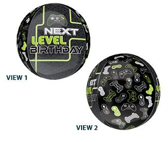 Two views of an orb birthday balloon, featuring game controller design and text that says 'Next Level Birthday'. Balloon delivery and pickup in Nesconset or Miller Place, NY.