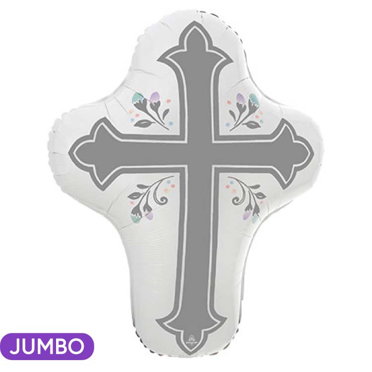 Jumbo cross-shaped balloon with decorative elements on a white background