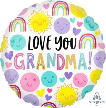 Colorful balloon with 'Love You Grandma!' text and smiley faces. Balloon delivery and pickup in Nesconset or Miller Place, NY.
