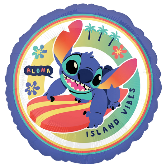 Colorful balloon with Stitch character on a surfboard and text that says "Aloha" and "Island Vibes".  Balloon delivery and pickup in Nesconset or Miller Place, NY.