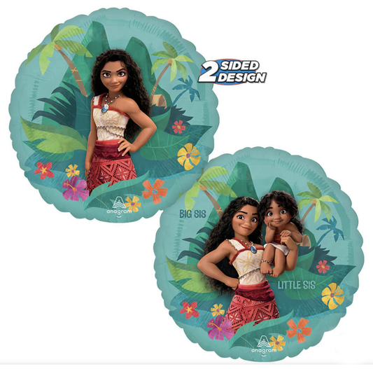 Two-sided balloon with Moana and little sister design on a white background. Balloon delivery and pickup in Nesconset or Miller Place, NY.