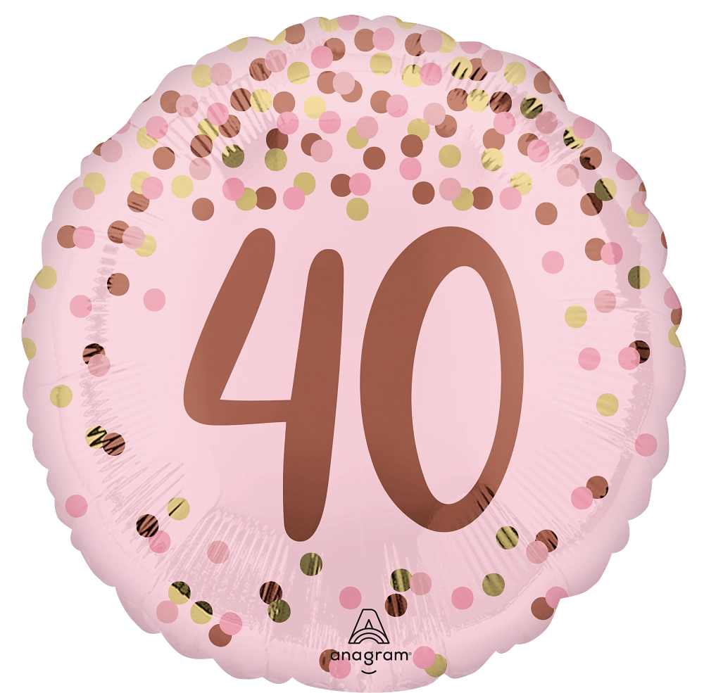 Pink balloon with brown number 40 and confetti pattern. Balloon delivery and pickup in Nesconset or Miller Place, NY.