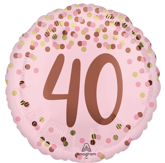 Pink balloon with brown number 40 and confetti pattern. Balloon delivery and pickup in Nesconset or Miller Place, NY.