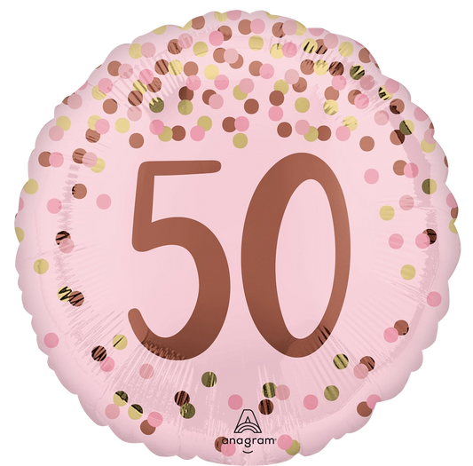 Pink balloon with gold number 50 and confetti pattern. Balloon delivery and pickup in Nesconset or Miller Place, NY.