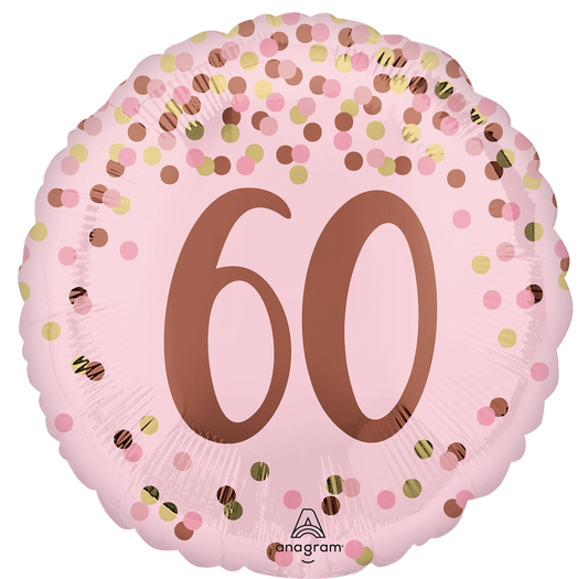 Pink balloon with gold confetti and the number 60. Balloon delivery and pickup in Nesconset or Miller Place, NY.