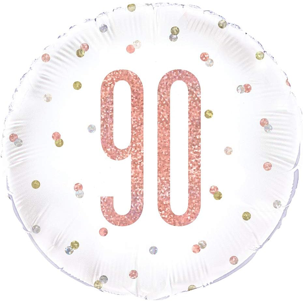 Round balloon with '90' in rose gold on a white background. Balloon delivery and pickup in Nesconset or Miller Place, NY.