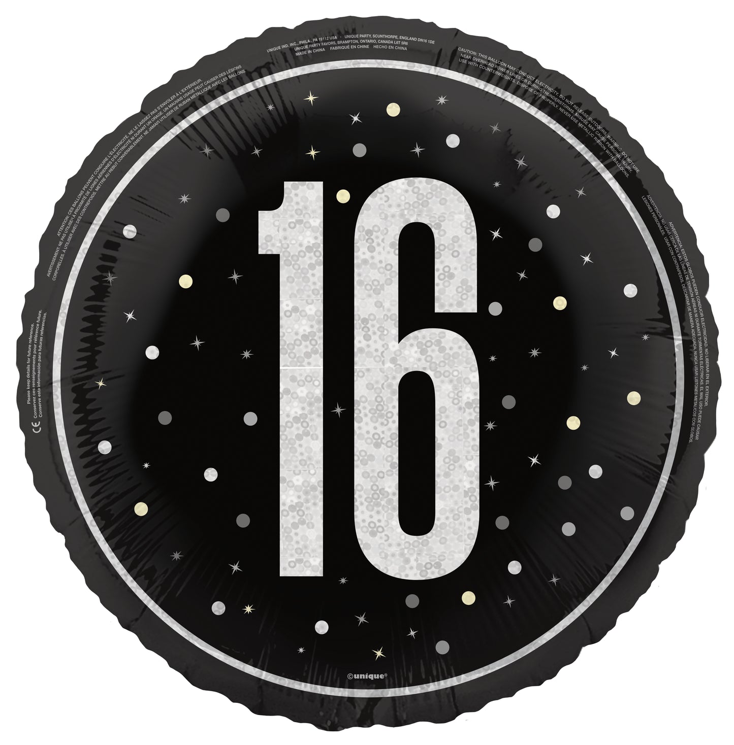 Black balloon with silver number '16' and star patterns. Balloon delivery and pickup in Nesconset or Miller Place, NY.