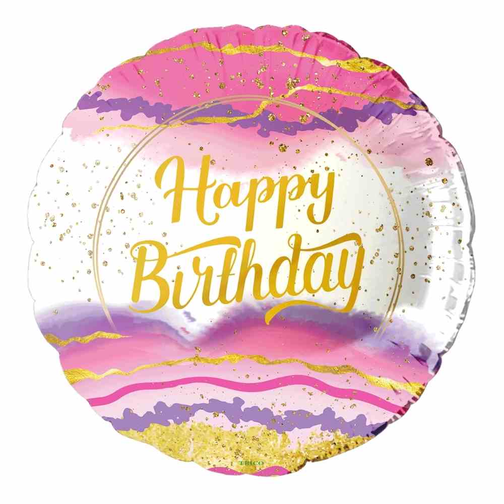 Round balloon with 'Happy Birthday' text on a pink and purple marble background.  Balloon delivery and pickup available in Nesconset or Miller Place, NY. 