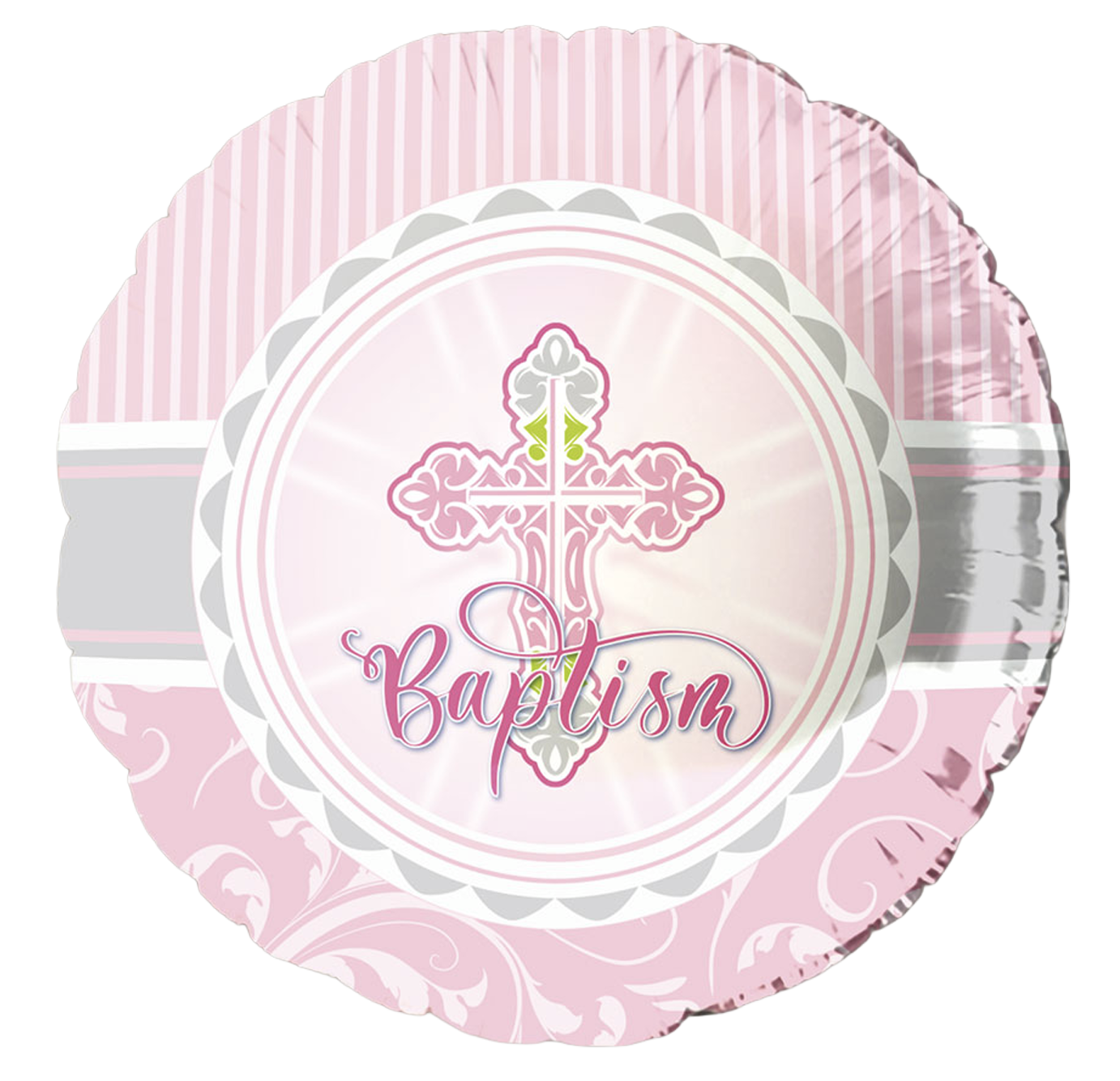 Decorative balloon with 'Baptism' text and cross design on a pink and silver background