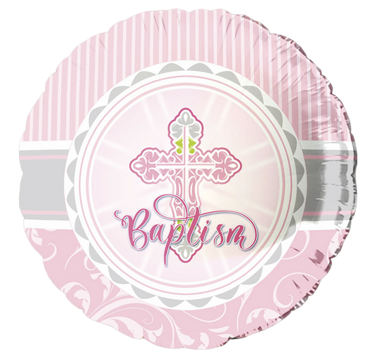 Decorative balloon with 'Baptism' text and cross design on a pink and silver background