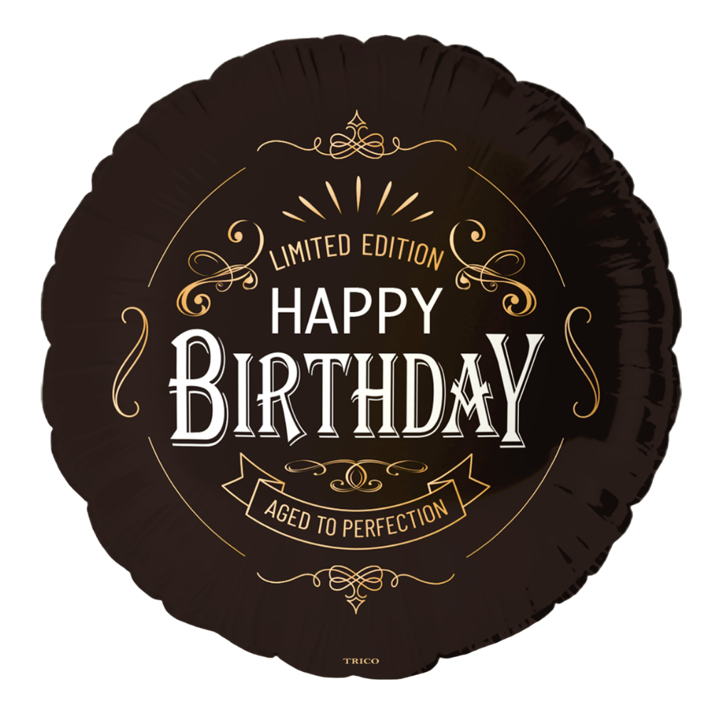 Round black balloon with 'Happy Birthday', 'Limited Edition', and 'Aged to Perfection' text and gold accents.   Balloon delivery and pickup available in Nesconset or Miller Place, NY. 