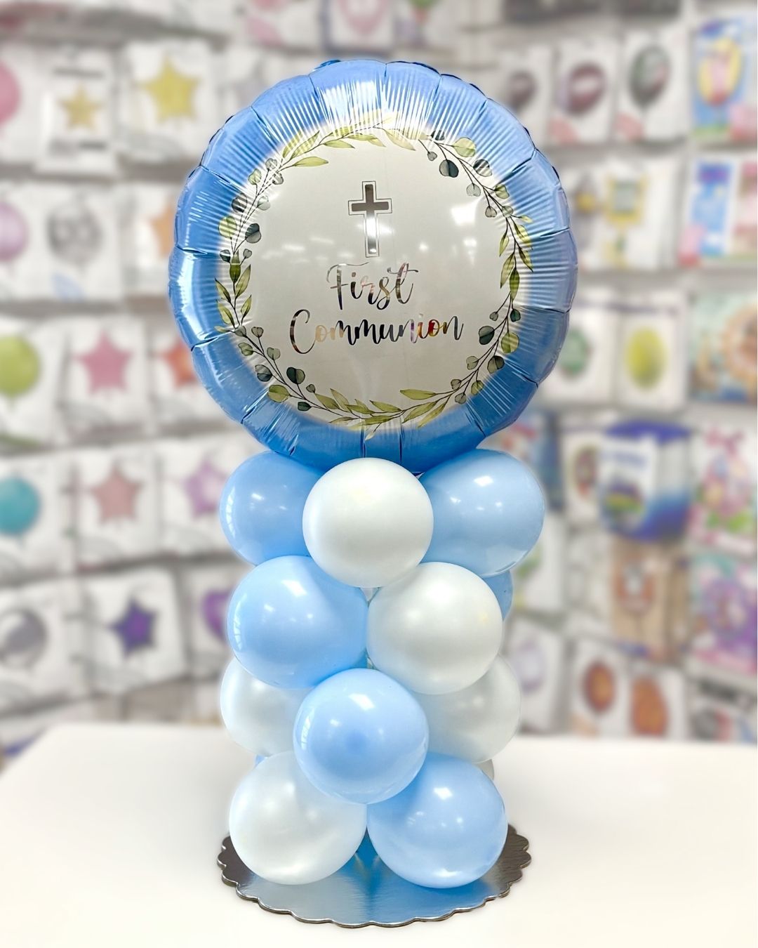 Blue First Communion Balloon Tabletop Centerpiece