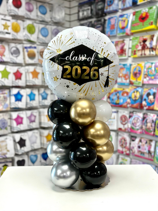 Class of 2026 graduation tabletop balloon centerpiece. Order for pick up or delivery from our Nesconset or Miller Place store locations. 