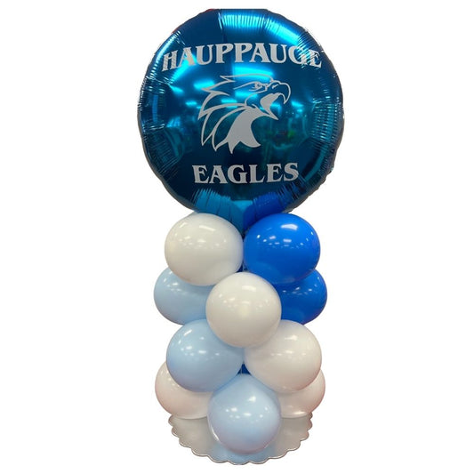 Blue, white, and light blue balloons with 'Hauppauge Eagles' logo on a white background