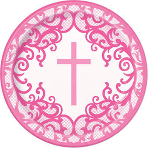Fancy Pink Cross Round 7" Dessert Plates 8ct