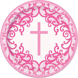 Fancy Pink Cross Round 9" Dinner Plates 8ct
