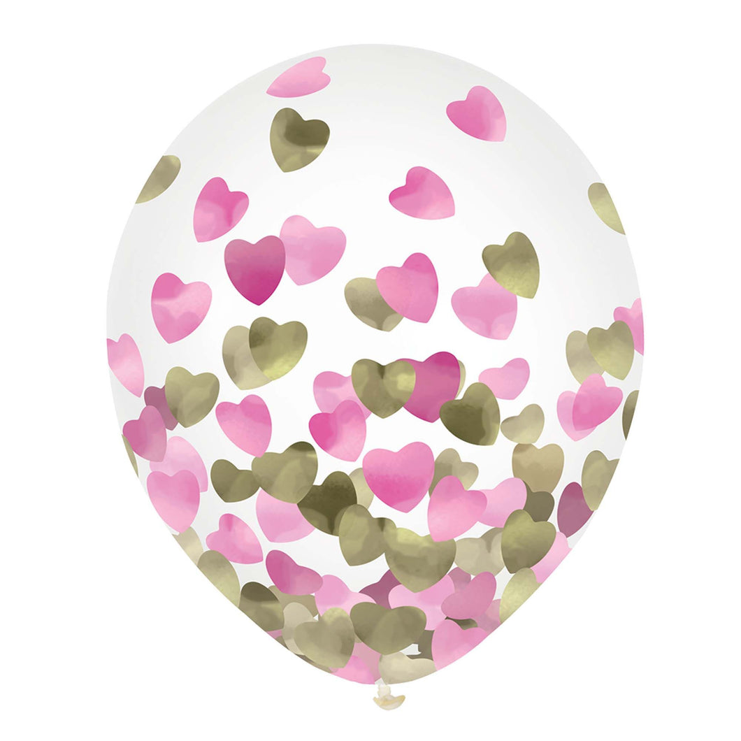 Latex Balloons w/ Confetti - Hearts, Pink/Gold Foil