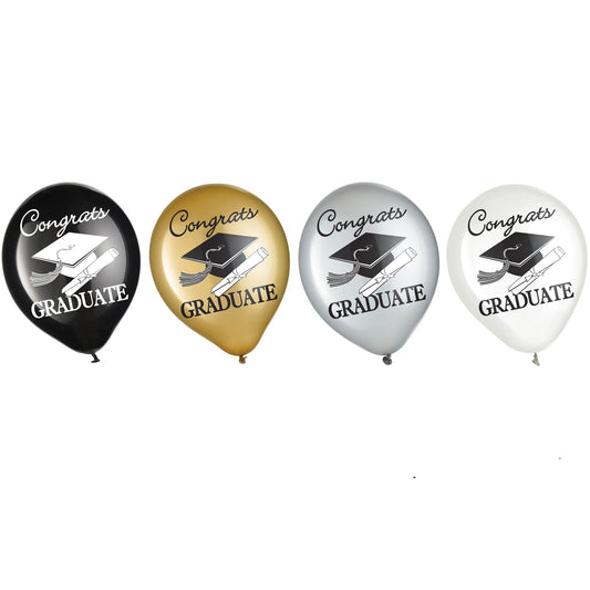 Graduation Latex Balloons - Gold, Silver, Black & Clear