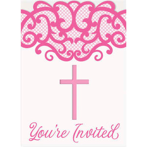 Fancy Pink Cross Invitations 8ct