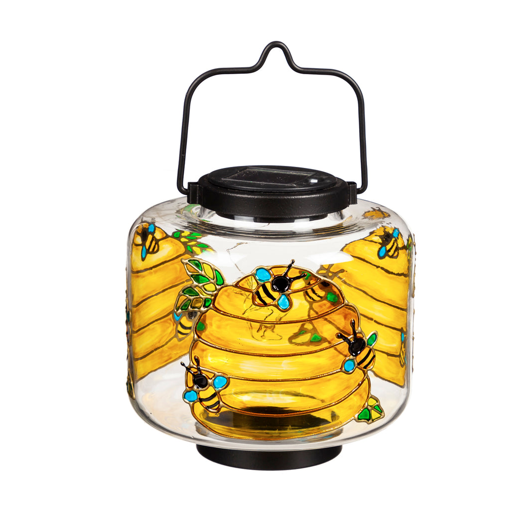 Solar Glass Lantern with Bee Hive Art
